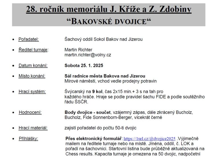 “Bakovské dvojice“ – 28. ročník memoriálu J. Kříže a Z. Zdobiny